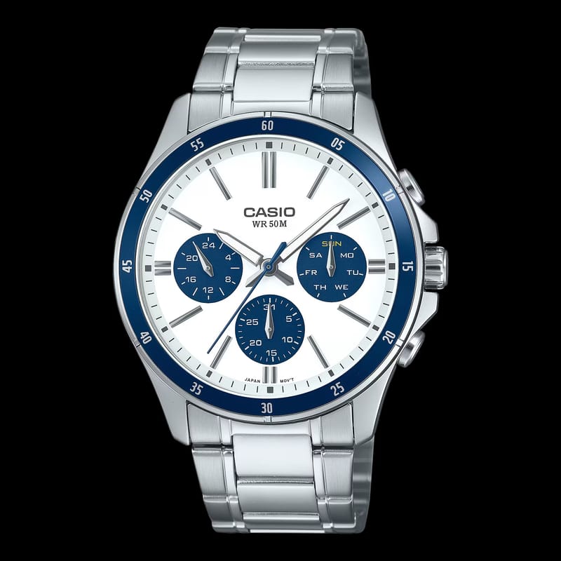 Casio MTP-1374D-7A2 Enticer men's watch with white dial, blue bezel, and stainless steel silver metal band. Main image