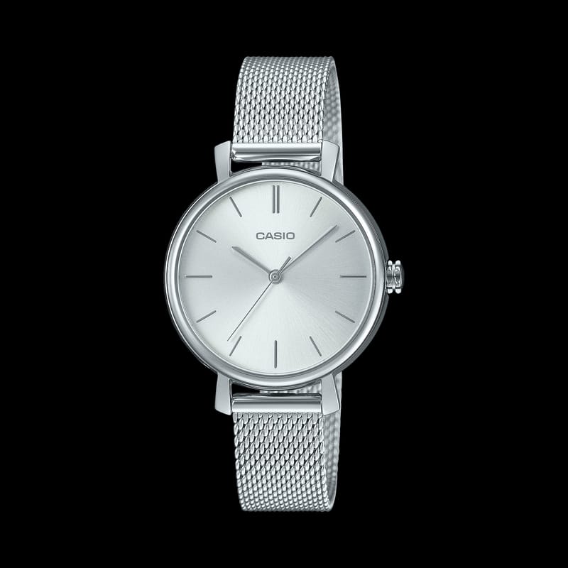 Casio LTP-2024VM-7CDF women’s silver analog watch with matching silver bangle jewelry set on a white background. Main image