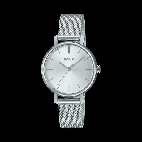 Casio LTP-2024VM-7CDF women’s silver analog watch with matching silver bangle jewelry set on a white background.