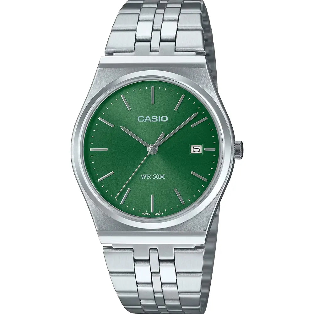 Casio MTP-B145D-3A stainless steel watch with turquoise Tiffany blue dial on a white background. Main image