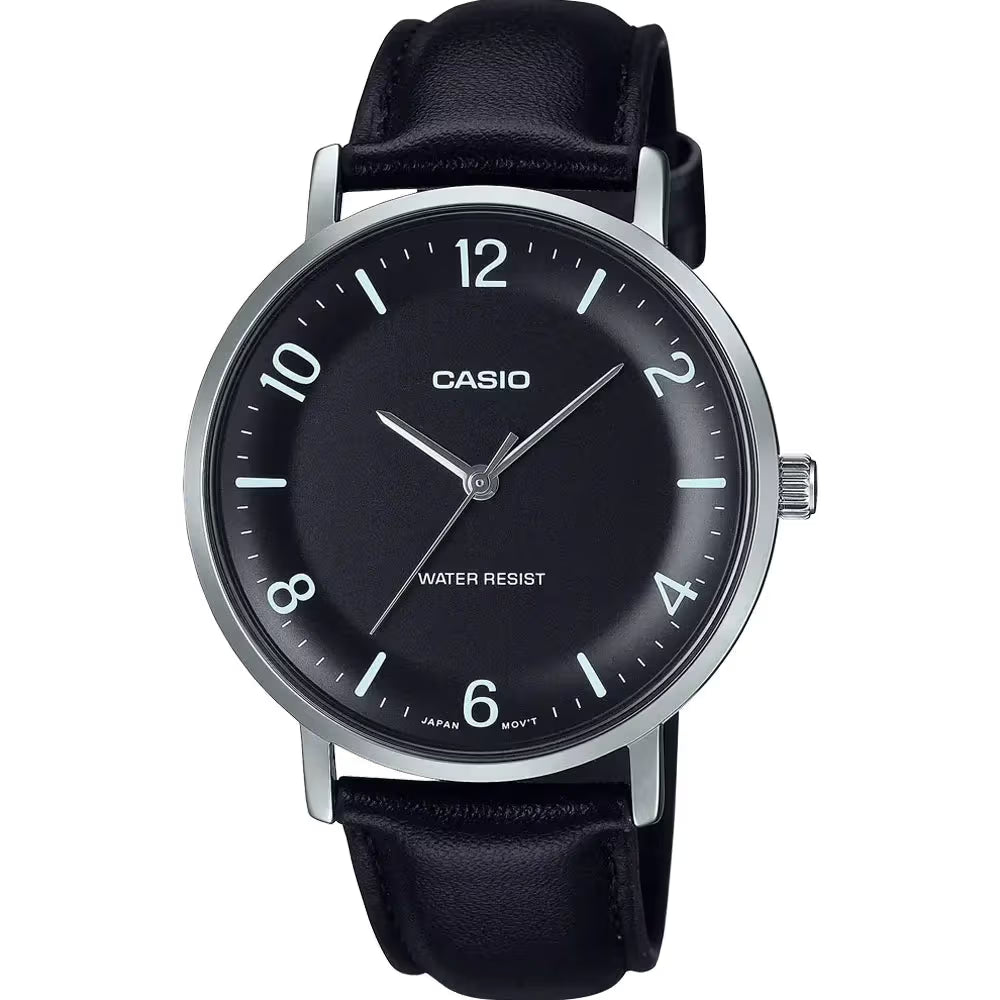 Casio MTP-VT03L-1B men’s minimalist analog wrist watch with black dial and black leather strap Main image