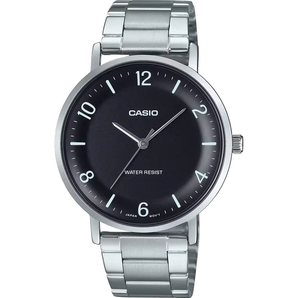Casio MTP-VT03D-1B men’s minimalist stainless steel analog wrist watch with black dial and silver strap Main image