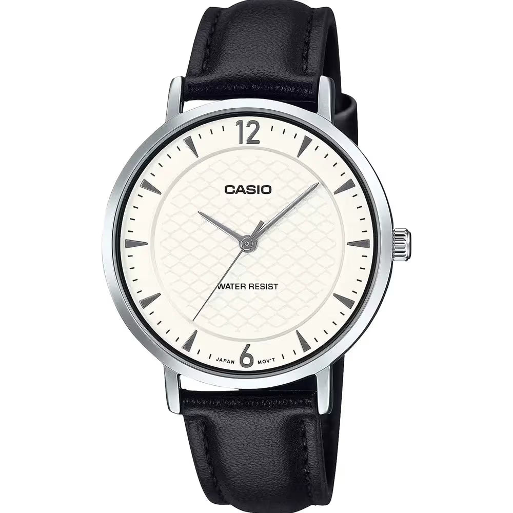 Casio watch with black leather strap and white dial  Main image