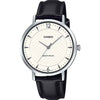 Casio watch with black leather strap and white dial 