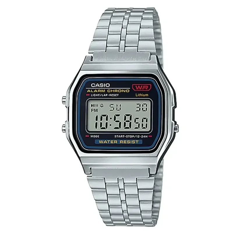 Silver Casio digital watch with metal band on a white background