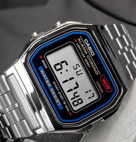 Casio A159W-N1DF watch with a classic rectangular digital display, chrome-plated resin case, and stainless steel band featuring a triple-fold clasp; includes LED light, daily alarm, stopwatch, and water resistance. - Zamana.pk