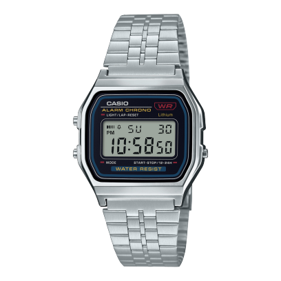 Casio A159W-N1DF watch with a classic rectangular digital display, chrome-plated resin case, and stainless steel band featuring a triple-fold clasp; includes LED light, daily alarm, stopwatch, and water resistance. Zamana.pk