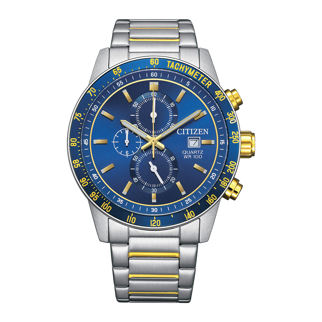 Citizen AN3684-59L men’s chronograph watch with blue dial, two-tone stainless steel bracelet, quartz movement, and tachymeter bezel Main image