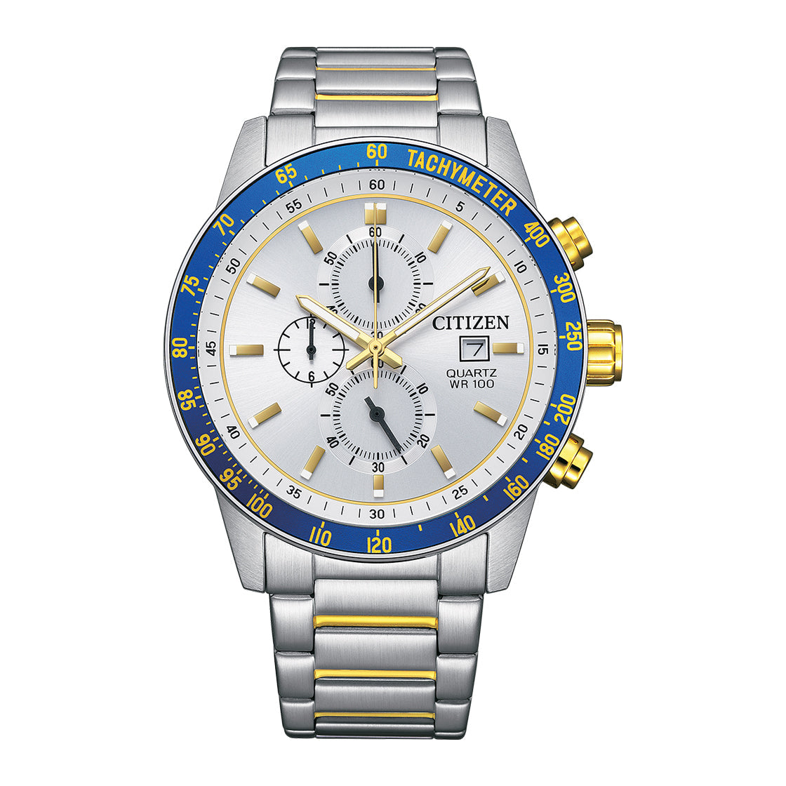 Citizen AN3686-53A men’s chronograph watch with silver dial, two-tone stainless steel bracelet, quartz movement and date display