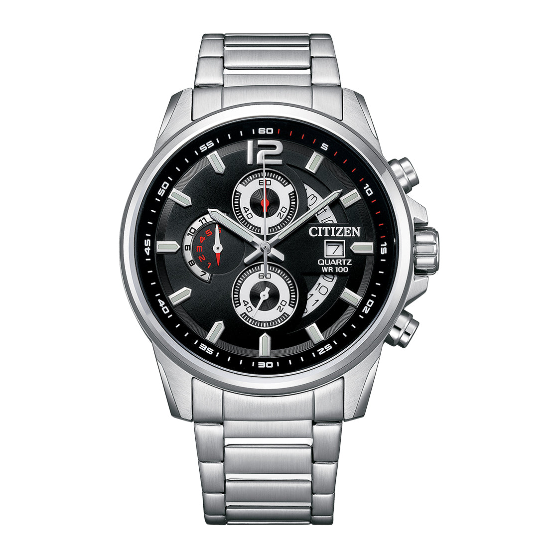 Citizen AN3690-56E men’s chronograph watch with black dial, stainless steel bracelet, quartz movement, and silver-tone case Main image