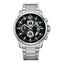 Citizen AN3690-56E men’s chronograph watch with black dial, stainless steel bracelet, quartz movement, and silver-tone case