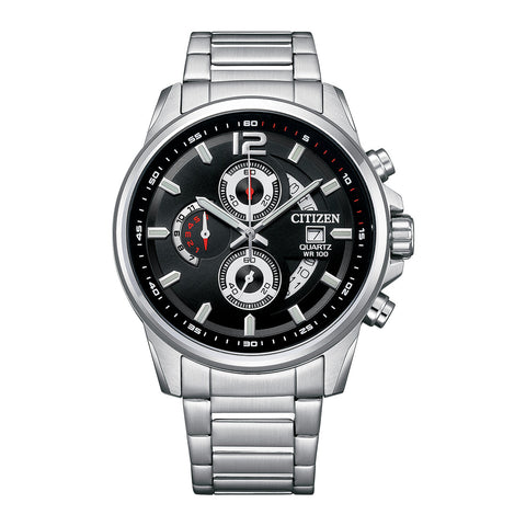 Citizen AN3690-56E men’s chronograph watch with black dial, stainless steel bracelet, quartz movement, and silver-tone case