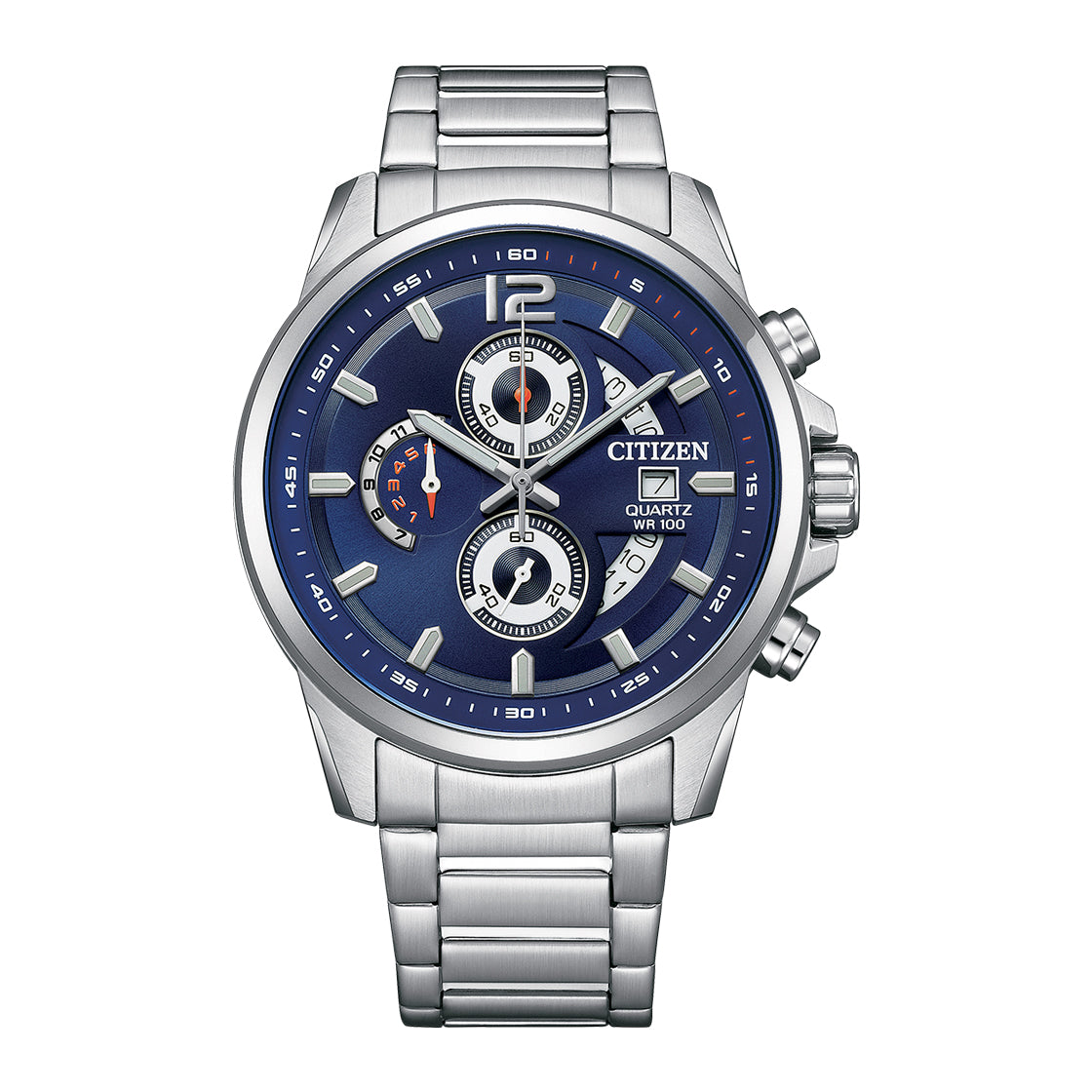 Citizen AN3690-56L men's chronograph watch with blue dial, silver stainless steel bracelet, quartz movement, and date display Main image