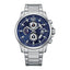 Citizen AN3690-56L men's chronograph watch with blue dial, silver stainless steel bracelet, quartz movement, and date display