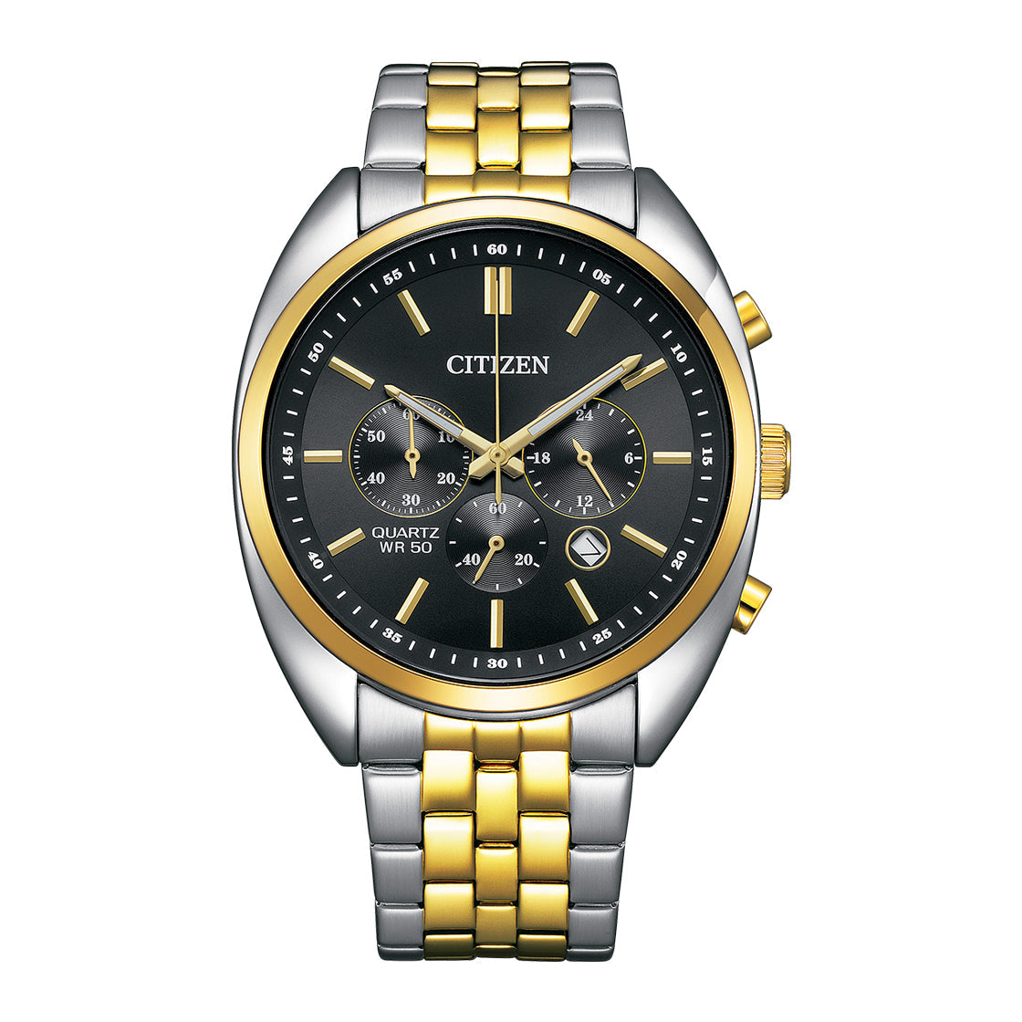 Citizen AN8214-55E men’s chronograph watch with black dial, two-tone silver and gold stainless steel bracelet, quartz movement, and 42mm round case. Main image