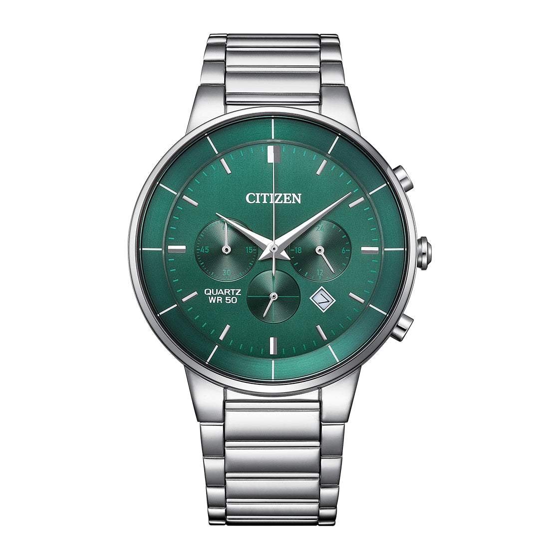 Citizen AN8220-52X men’s chronograph watch with green dial, stainless steel silver bracelet, quartz movement, and 42mm round case Main image
