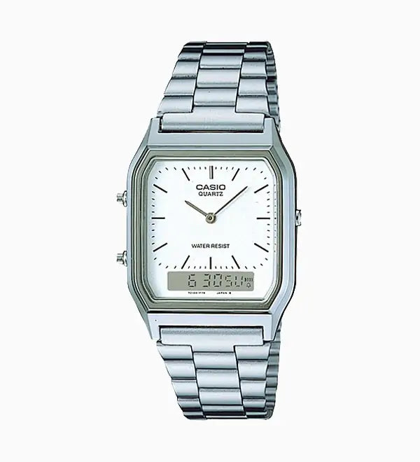 Casio AQ-230A-7A Dual-Time Analog-Digital Wristwatch - with White Dial and Stainless Steel Band Main image