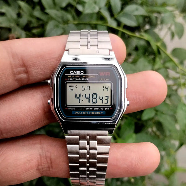 Casio A159W-N1DF watch with a classic rectangular digital display, chrome-plated resin case, and stainless steel band featuring a triple-fold clasp; includes LED light, daily alarm, stopwatch, and water resistance.