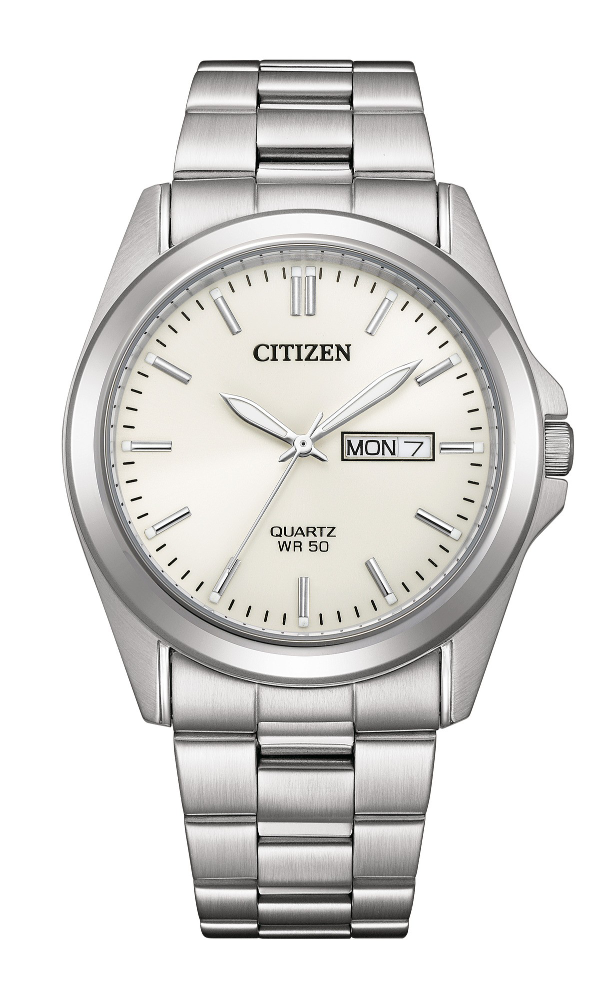 Citizen BF0581-54A men’s stainless steel analog watch with silver dial, day and date display, quartz movement, and silver metal bracelet.