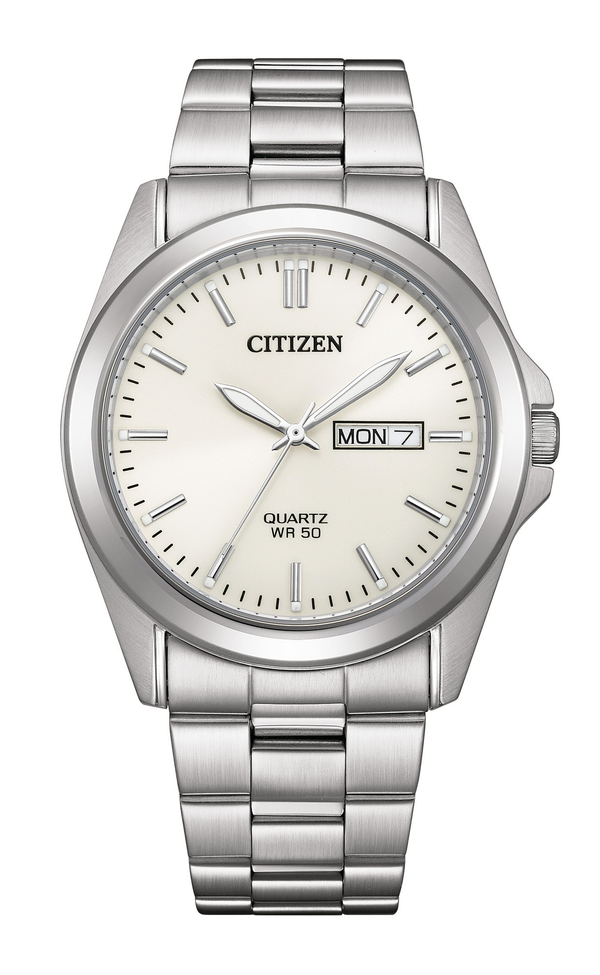Citizen BF0581-54A men’s stainless steel analog watch with silver dial, day and date display, quartz movement, and silver metal bracelet.