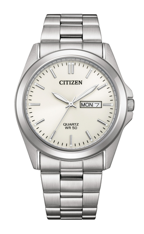 Citizen BF0581-54A men’s stainless steel analog watch with silver dial, day and date display, quartz movement, and silver metal bracelet.