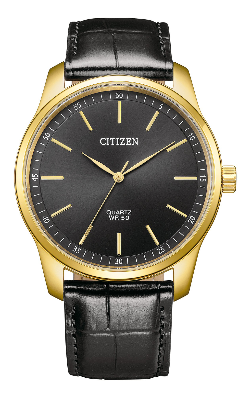 Citizen BH5002-02E men's quartz watch with black dial, gold-tone stainless steel case, and black leather strap for formal and casual wear.