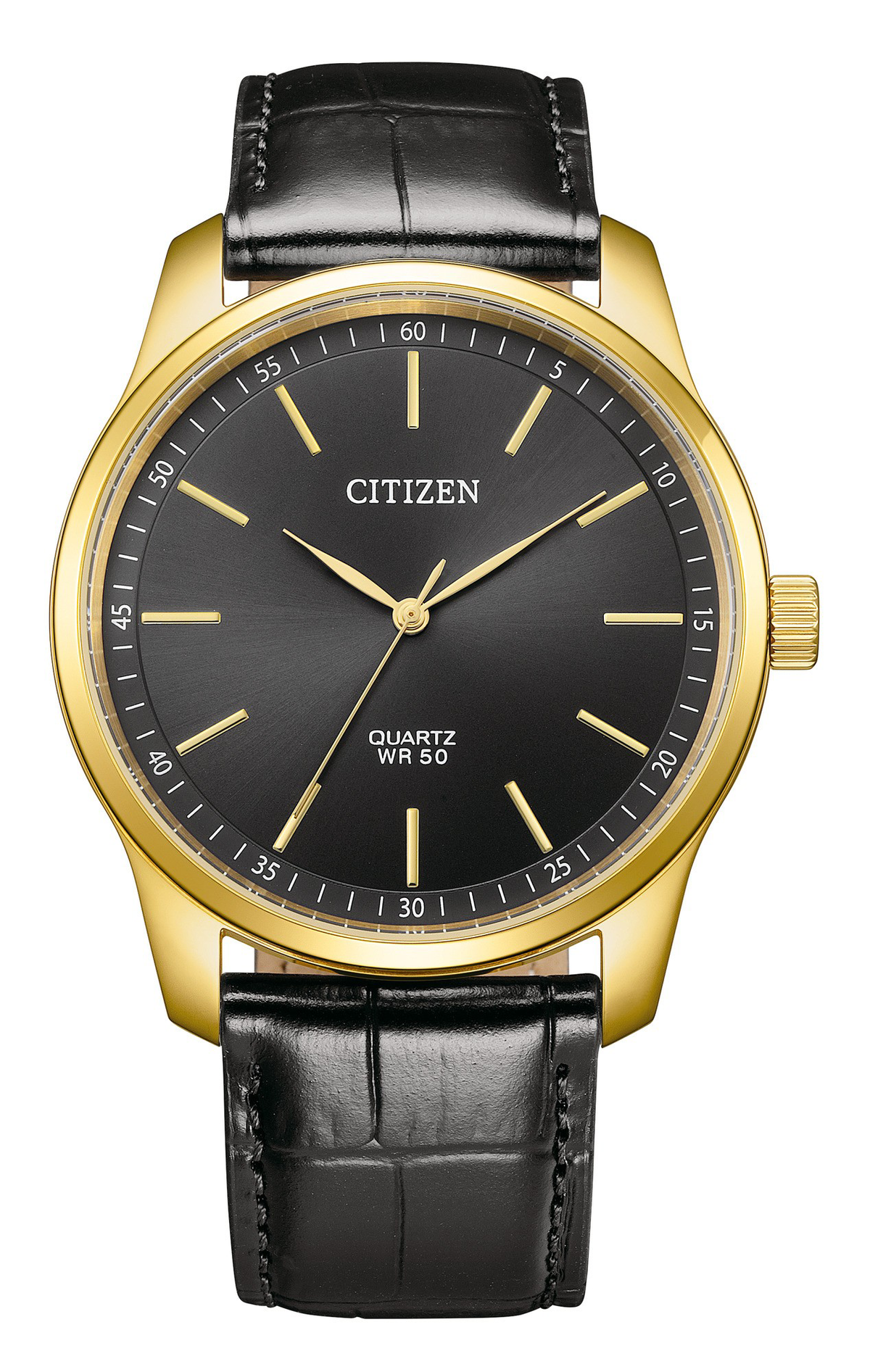 Citizen BH5002-02E men's quartz watch with black dial, gold-tone stainless steel case, and black leather strap for formal and casual wear.
