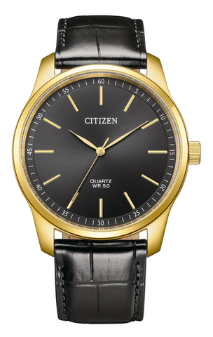 Citizen BH5002-02E men's quartz watch with black dial, gold-tone stainless steel case, and black leather strap for formal and casual wear.
