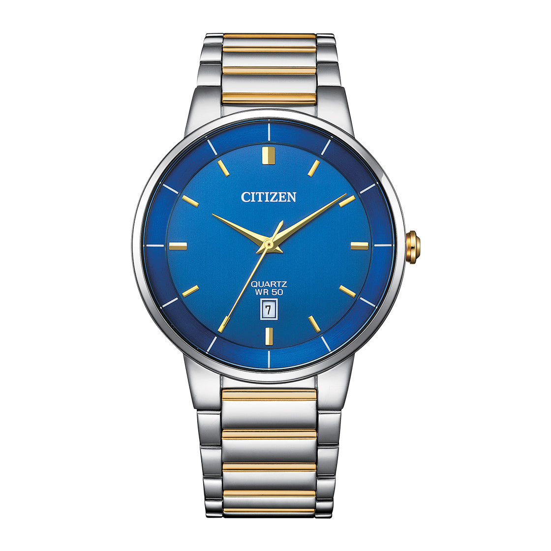 Citizen BI5124-50L men’s stainless steel blue dial analog watch with date display and silver bracelet design Main image
