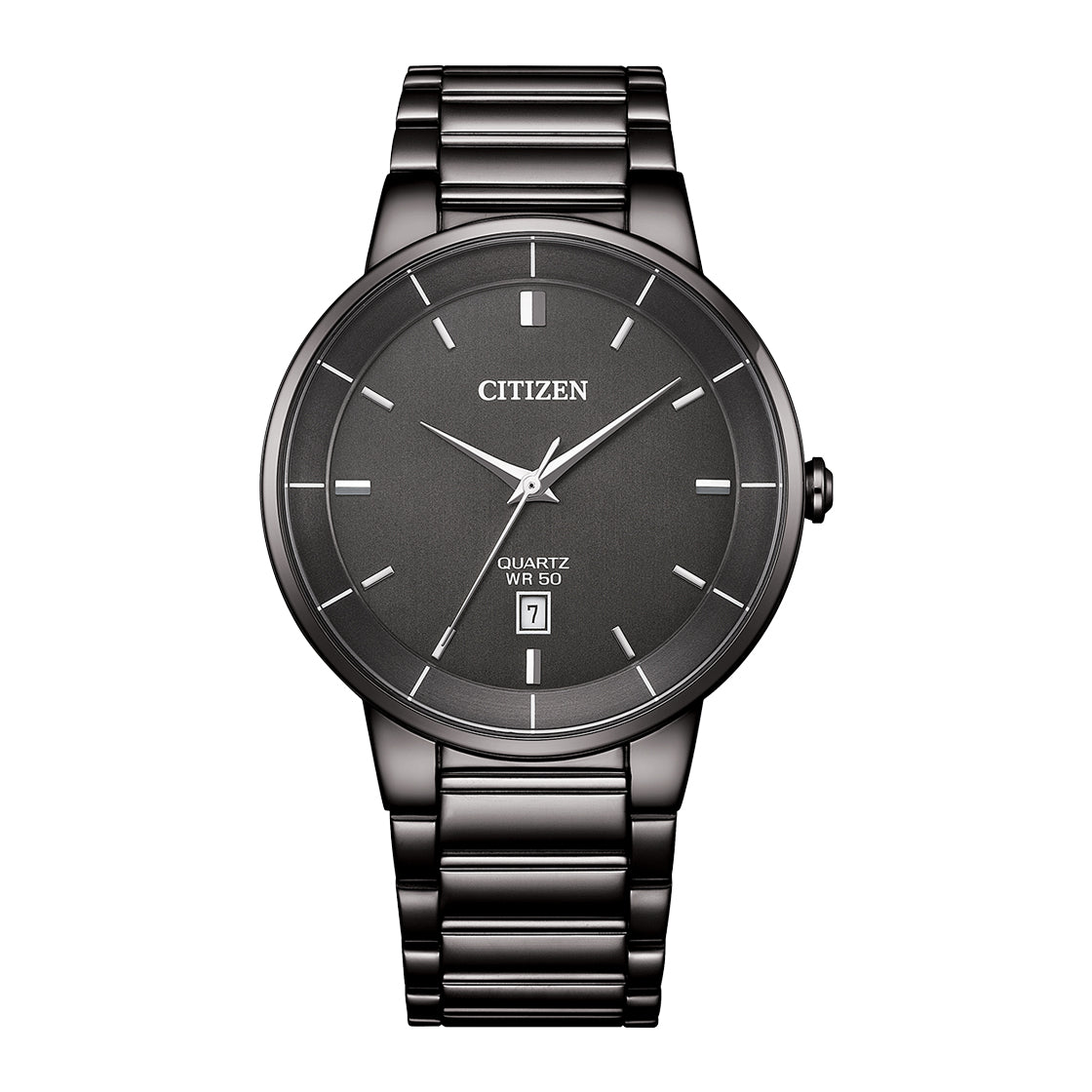 Citizen BI5127-51H men’s analog watch with black stainless steel bracelet, black dial, quartz movement, and date display Main image