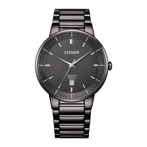 Citizen BI5127-51H men’s analog watch with black stainless steel bracelet, black dial, quartz movement, and date display