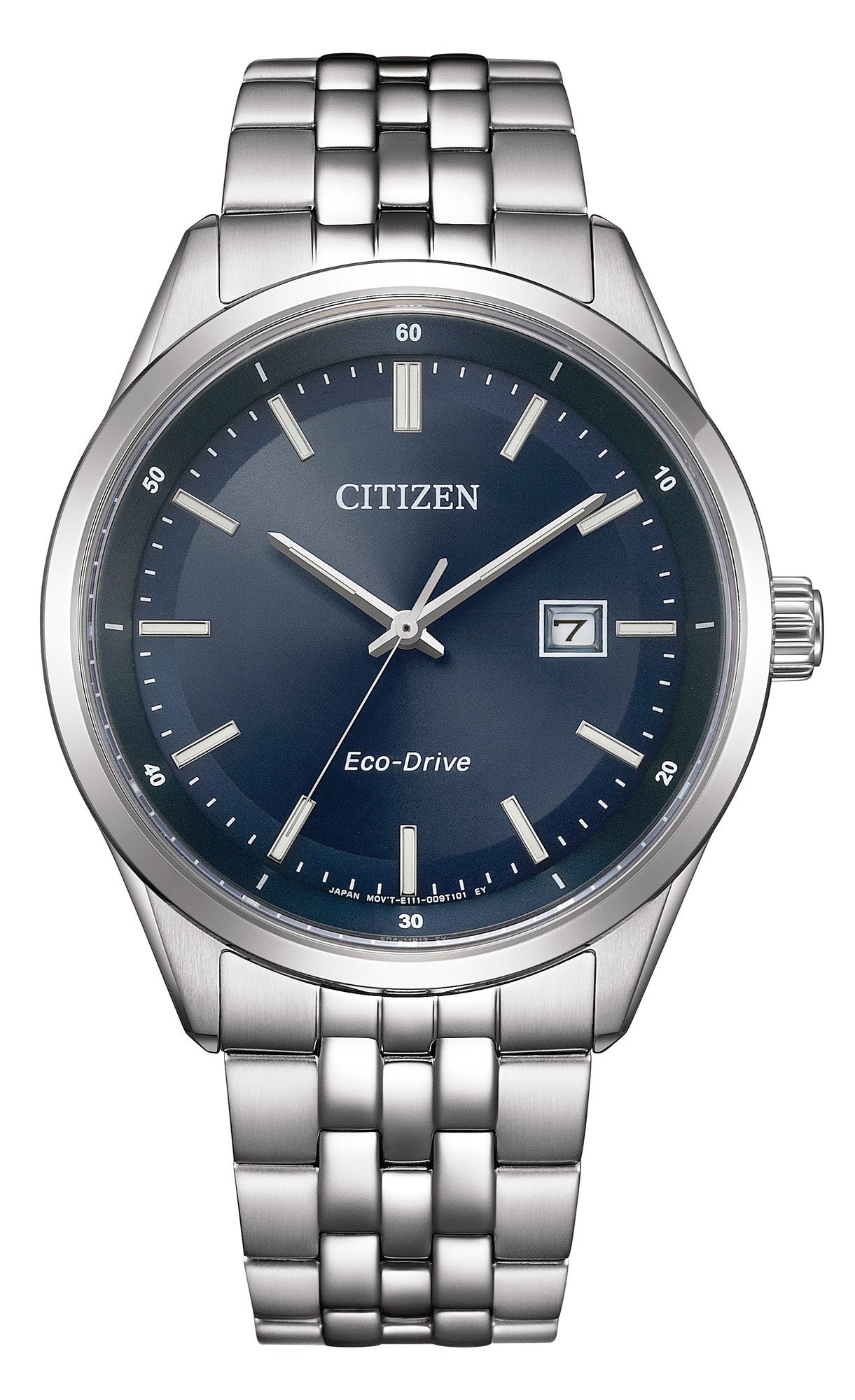 Citizen Eco-Drive BM7560-59L men’s watch with blue dial, stainless steel bracelet, sapphire crystal, and date display Main image