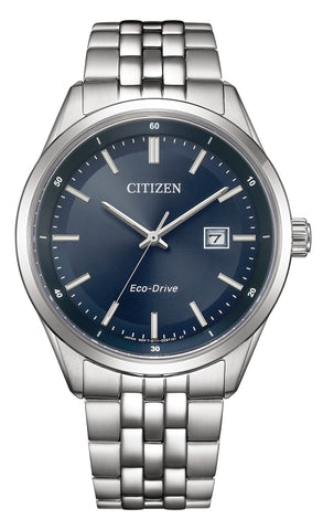 Citizen Eco-Drive BM7560-59L men’s watch with blue dial, stainless steel bracelet, sapphire crystal, and date display