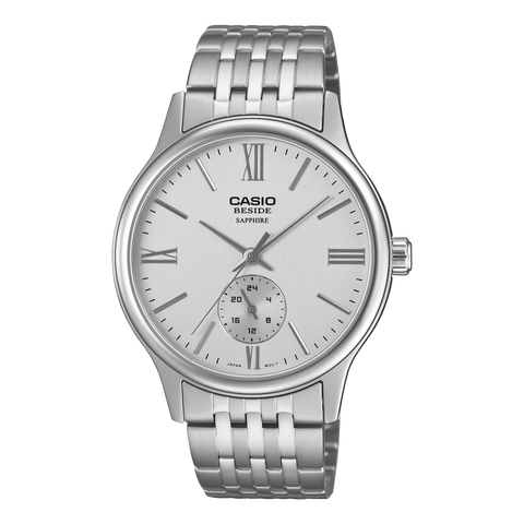 Casio BMS-100D-7A men’s stainless steel analog digital wristwatch with silver metal band and black dial