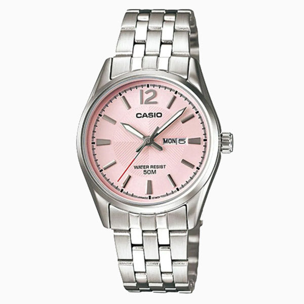 Casio LTP-1335D-5A Silver Chain Pink Dial Stainless Steel Ladies Hand Watch