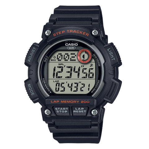 Casio WS-2100H-1A digital sports watch with step tracker, black strap, and water-resistant design