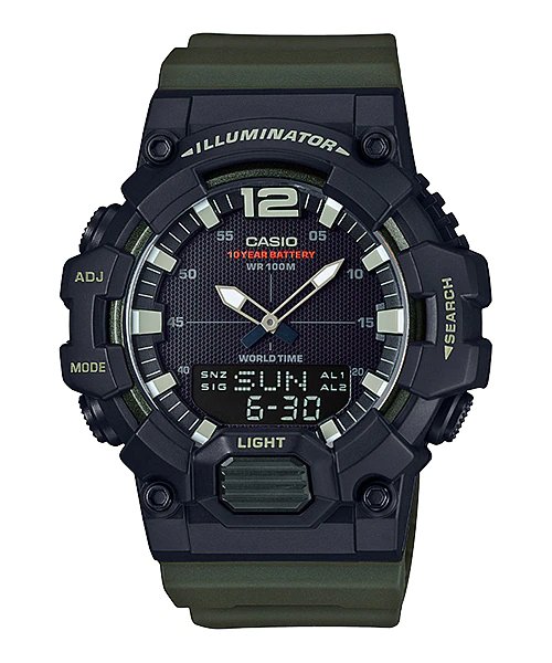 Casio Men's HDC-700-3AVDF Watch featuring a rugged military green resin band, dual time analog-digital display with a black dial, and 100M water resistance. The watch includes a durable case and a sporty design suitable for outdoor activities. - Zamana.pk