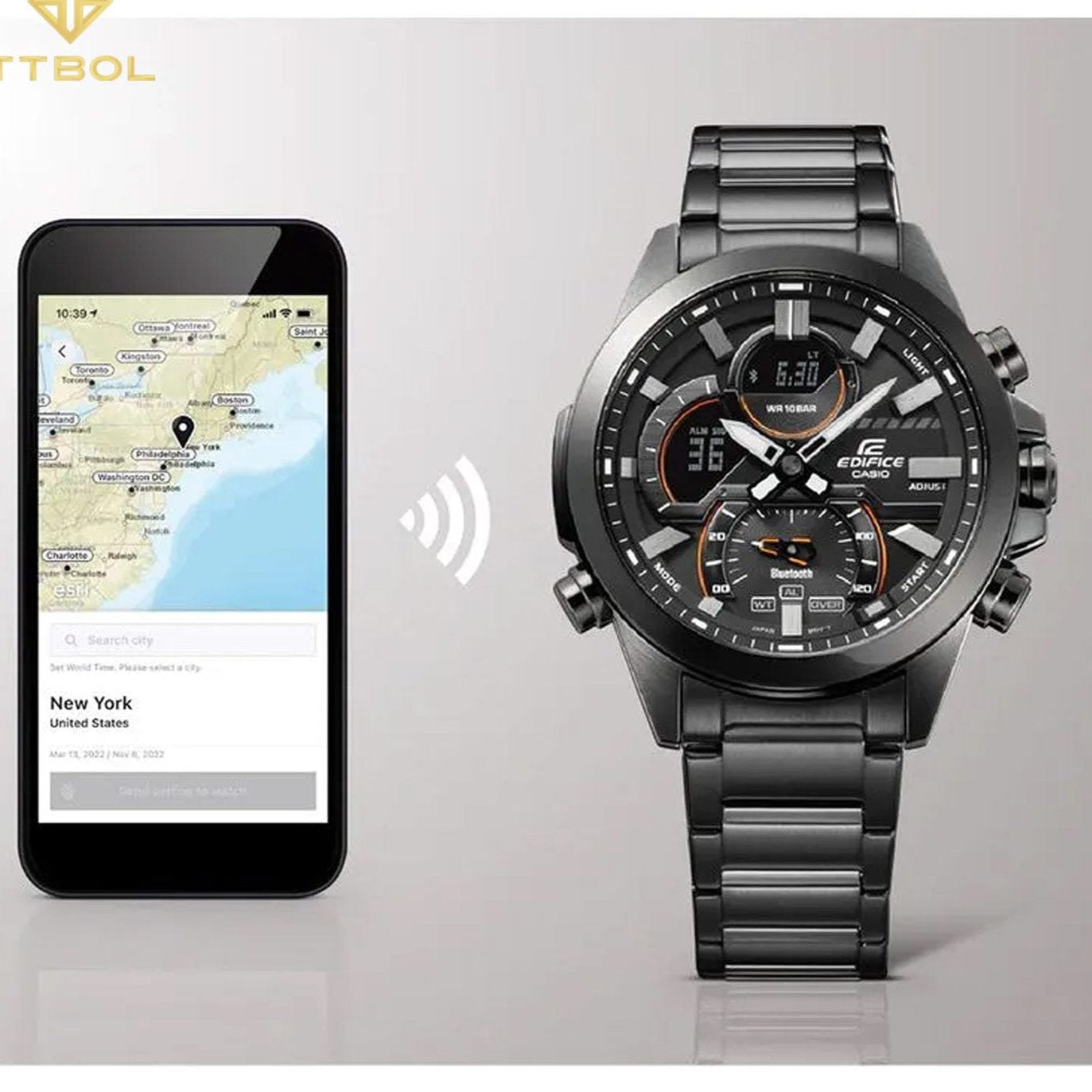 Casio Edifice ECB-30DC-1A men's watch with stainless steel case and band, black dial, Bluetooth connectivity, digital-analog display, chronograph, and water resistance. A sleek, sporty design for everyday use - Zamana.pk