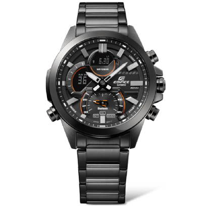Casio Edifice ECB-30DC-1A men's watch with stainless steel case and band, black dial, Bluetooth connectivity, digital-analog display, chronograph, and water resistance. A sleek, sporty design for everyday use - Zamana.pk
