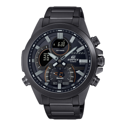 Casio Edifice ECB-30DC-1A men's watch with stainless steel case and band, black dial, Bluetooth connectivity, digital-analog display, chronograph, and water resistance. A sleek, sporty design for everyday use - Zamana.pk