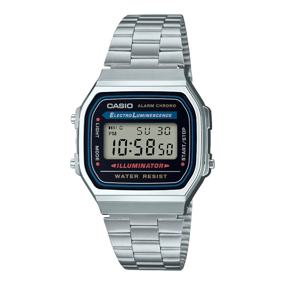 Casio A168WA-1WDF vintage digital stainless steel wrist watch with retro LED display and silver metal strap for men and women Main image