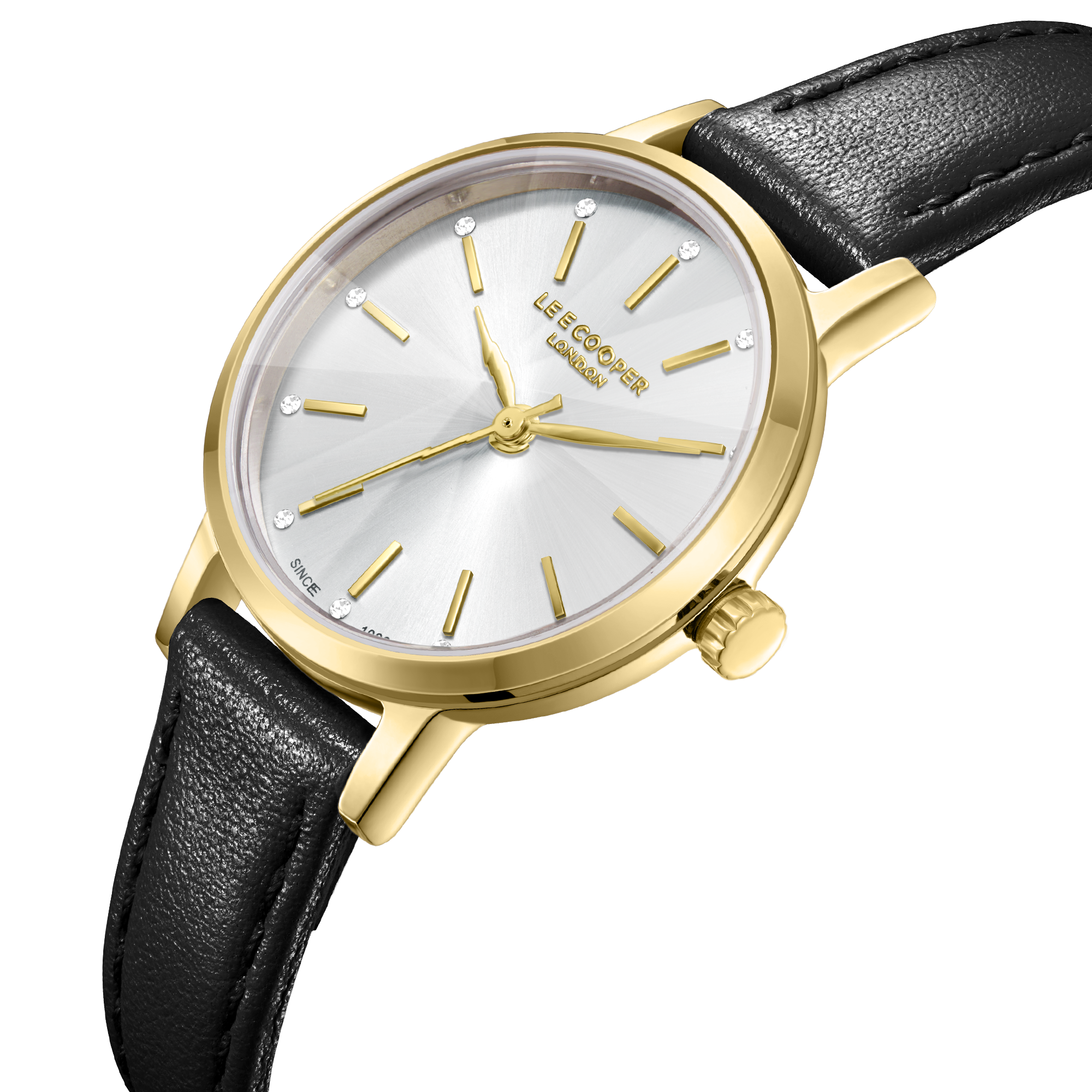 Lee Cooper LC08242.131 women's analog watch with a gold case, silver dial, and black leather strap.
