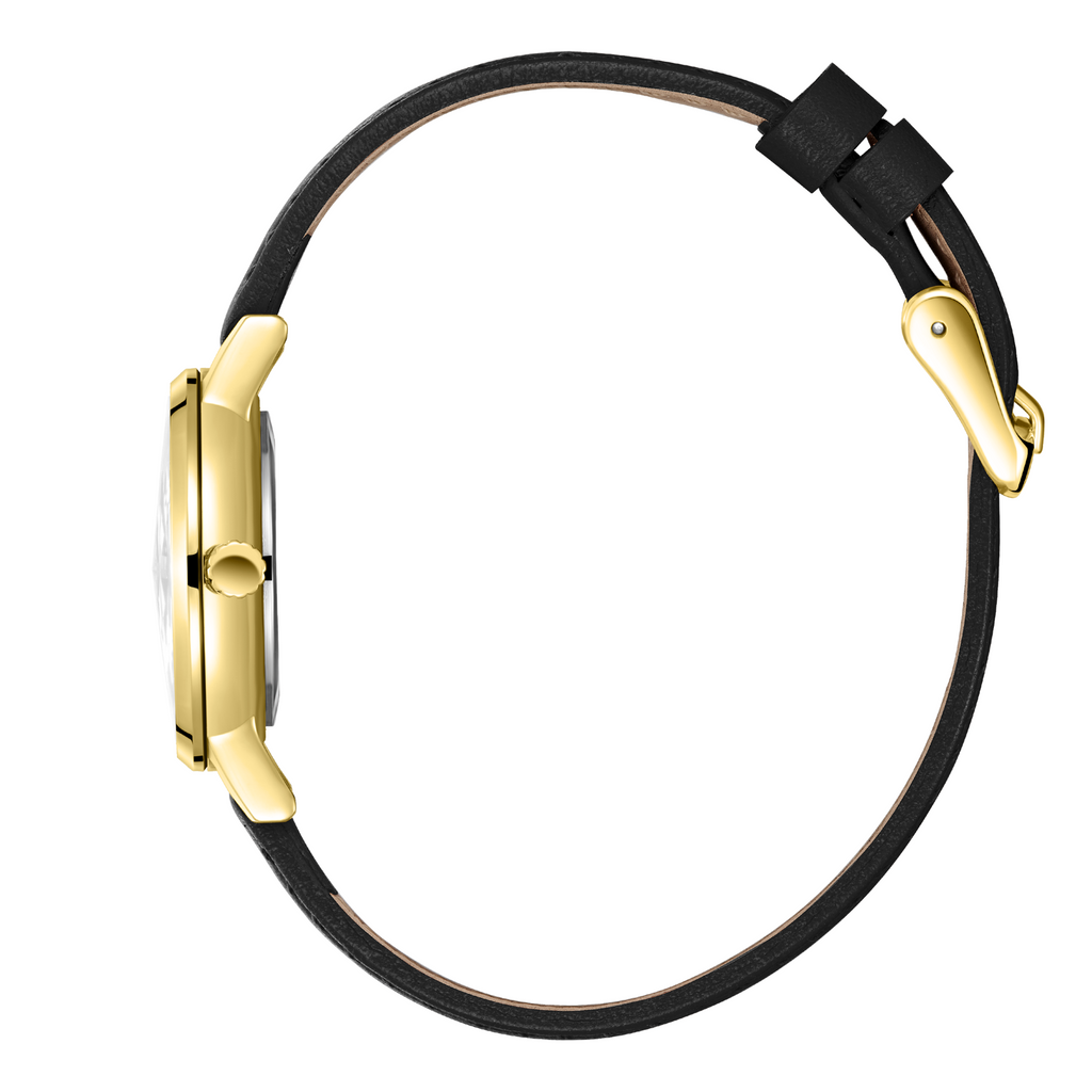 Lee Cooper LC08242.131 women's analog watch with a gold case, silver dial, and black leather strap.
