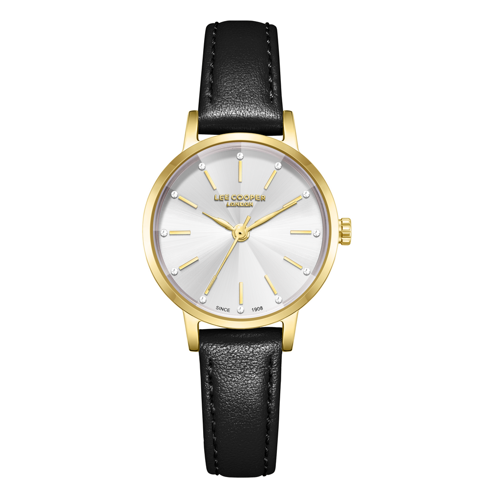 Lee Cooper LC08242.131 women's analog watch with a gold case, silver dial, and black leather strap.
