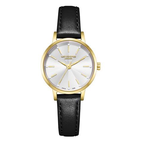 Lee Cooper LC08242.131 women's analog watch with a gold case, silver dial, and black leather strap.
