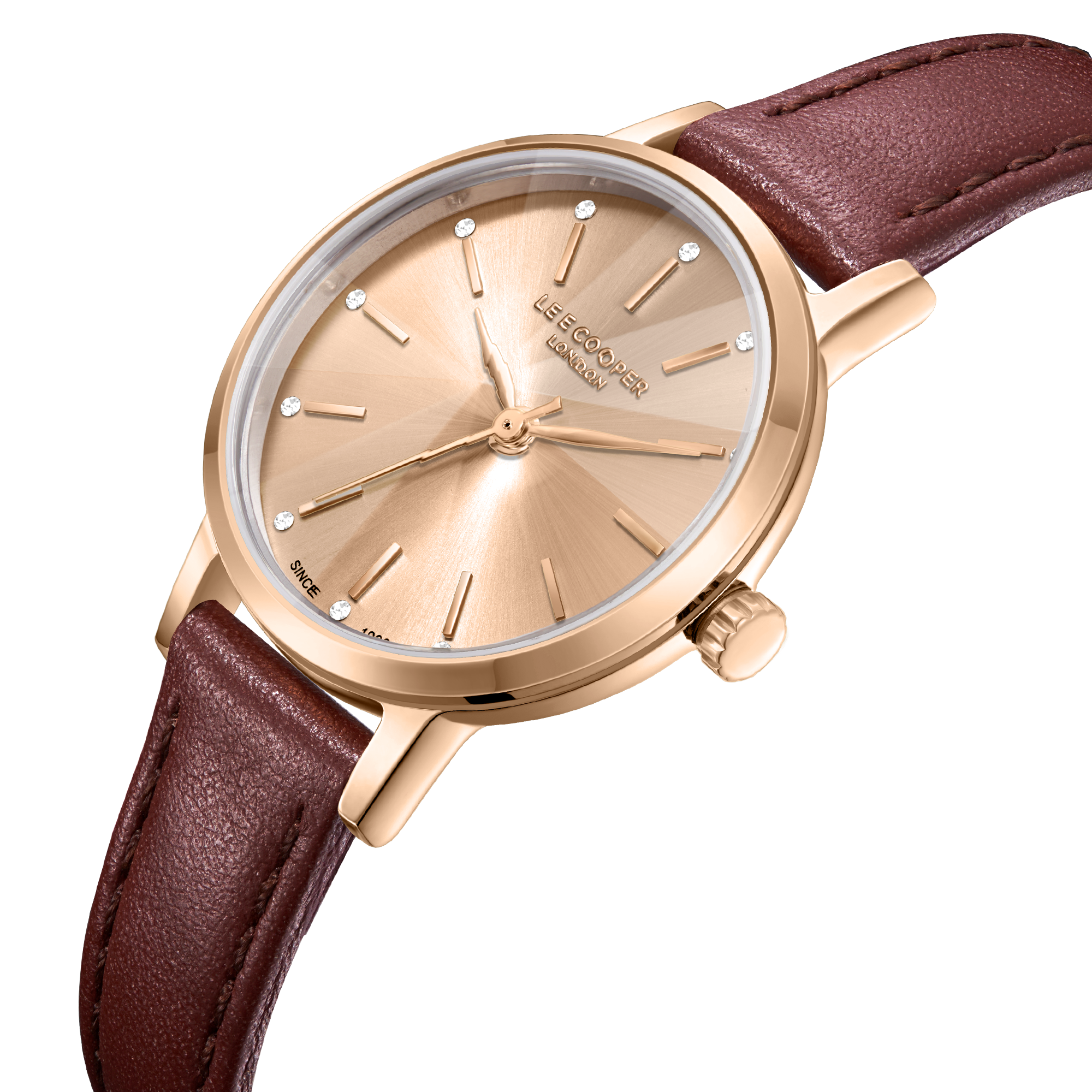 Lee Cooper LC08242.472 women's analog watch featuring a round rose gold case and a dark brown leather strap.
