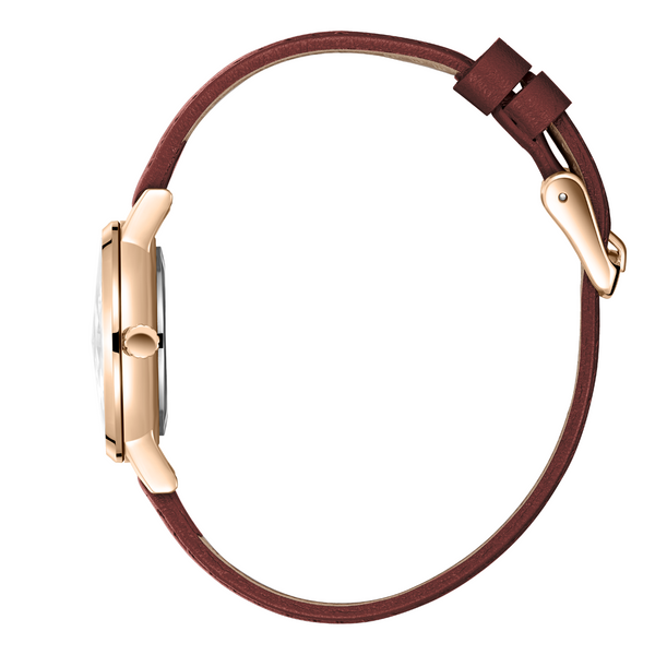 Lee Cooper LC08242.472 women's analog watch featuring a round rose gold case and a dark brown leather strap.
