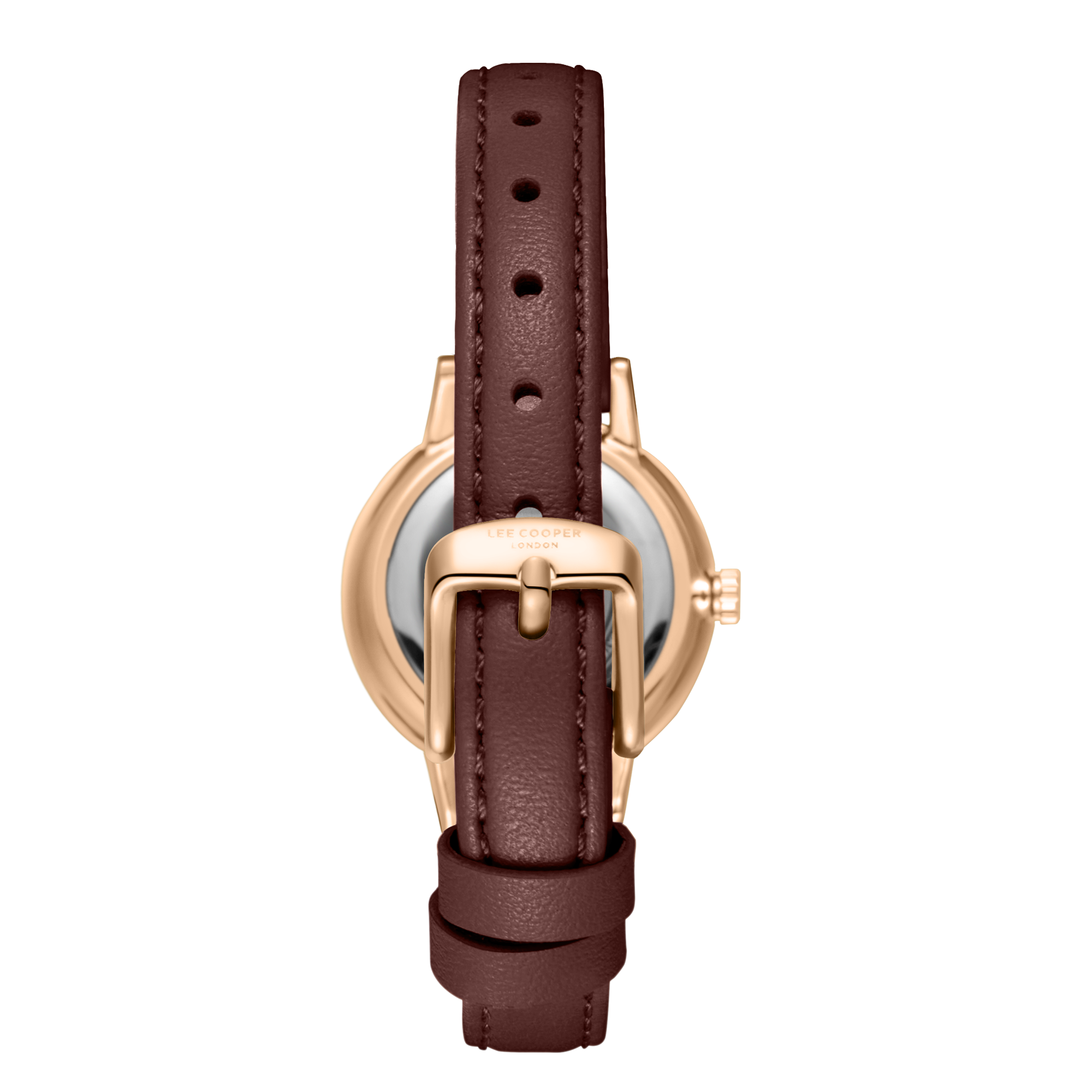 Lee Cooper LC08242.472 women's analog watch featuring a round rose gold case and a dark brown leather strap.

