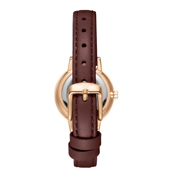 Lee Cooper LC08242.472 women's analog watch featuring a round rose gold case and a dark brown leather strap.
