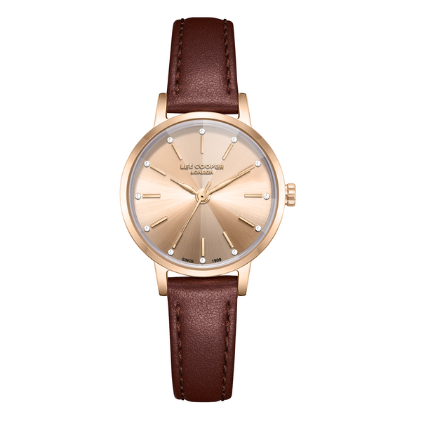 Lee Cooper LC08242.472 women's analog watch featuring a round rose gold case and a dark brown leather strap.
